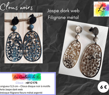 Boucles clous noir Jaspe dark web filigrane métal argenté Les Couleurs de Lo