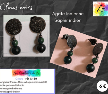 Boucles clous noirs Agate indienne Saphir indien Les Couleurs de Lo