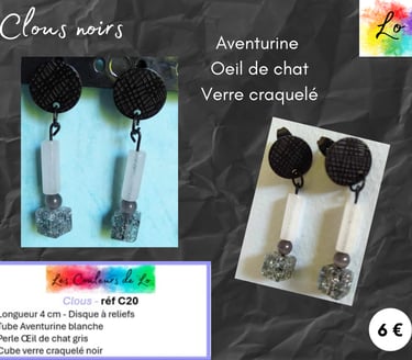 Boucles clous noirs Aventurine Œil de chat verre Les Couleurs de Lo