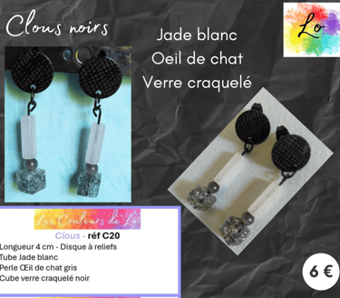 Boucles clous noirs Jade blanc Œil de chat verre craquelé noir Les Couleurs de Lo