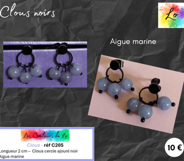Boucles clous cercle noir ajouré Aigue marine Les Couleurs de Lo