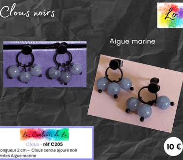 Boucles clous cercle noir ajouré Aigue marine Les Couleurs de Lo
