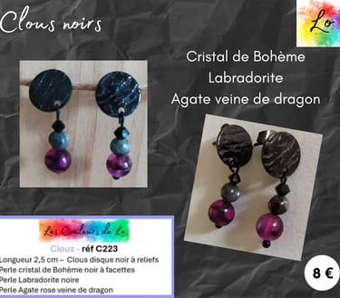 Boucles clous noirs à reliefs cristal Labradorite Agate Les Couleurs de Lo