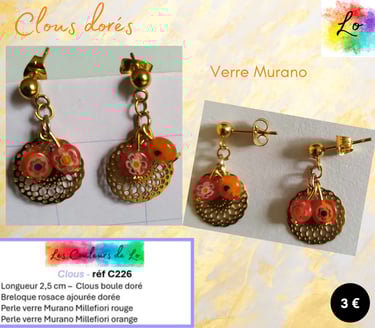 Boucles clous dorés rosace dorée Murano Millefiori rouge et orange Les Couleurs de Lo
