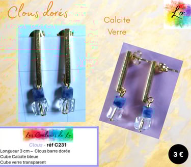 Boucles clous dorés Calcite bleue verre Les Couleurs de Lo
