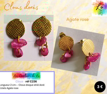 Boucles clous dorés Agate rose Les Couleurs de Lo
