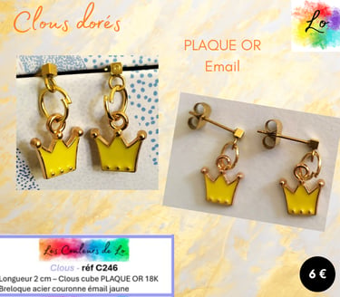 Boucles clous Plaqué or couronne émail jaune Les Couleurs de Lo