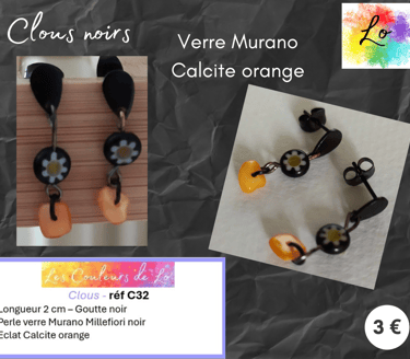 Boucles clous noirs verre Murano Millefiori Calcite orange Les Couleurs de Lo
