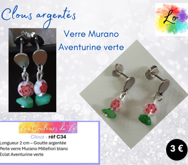 Clous argentés verre Murano Millefiori blanc Aventurine verte Les Couleurs de Lo