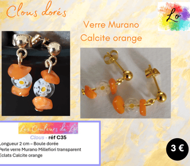 Clous dorés verre Murano Millefiori Calcite orange Les Couleurs de Lo