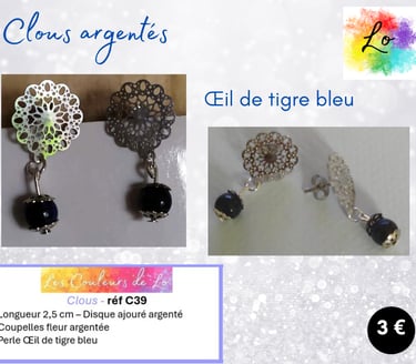 Clous fleur argentée Œil de tigre bleu Les Couleurs de Lo
