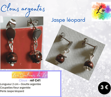 Clous goutte argentée Jaspe léopard Les Couleurs de Lo