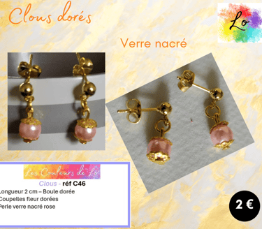 Clous d'oreille doré verre nacré rose Les Couleurs de Lo