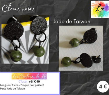 Boucles clous noirs disque martelé Jade de Taïwan Les Couleurs de Lo
