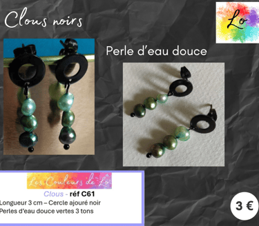 Clous noirs perles d'eau douce vertes Les Couleurs de Lo