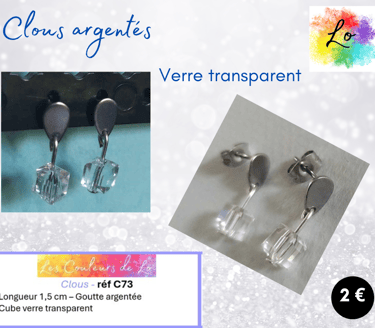 Clous d'oreille goutte argentée cube verre transparent Les Couleurs de Lo