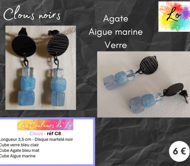 Boucles clous noirs Agate bleue Aigue marine verre Les Couleurs de Lo