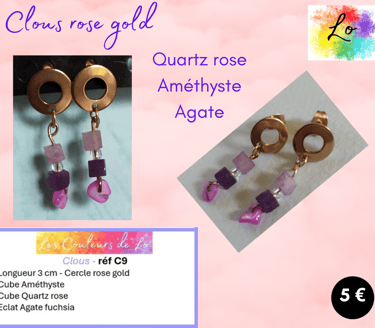 Boucles clous rose gold Quartz rose Améthyste Agate fuchsia Les Couleurs de Lo