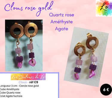 Boucles clous rose gold Quartz rose Améthyste Agate fuchsia Les Couleurs de Lo