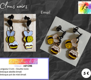 Boucles clous noirs abeille pot de miel émail Les Couleurs de Lo