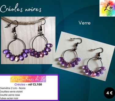 Créoles noires 2 cm gouttes verre violet et rose tubes acier noir Les Couleurs de Lo