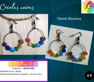 Créoles noires 3 cm verre Murano couleurs arc-en-ciel Les Couleurs de Lo