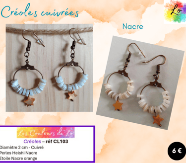 Créoles cuivrées 2 cm Heishi Nacre étoile Nacre orange Les Couleurs de Lo