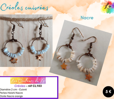 Créoles cuivrées 2 cm Heishi Nacre étoile Nacre orange Les Couleurs de Lo