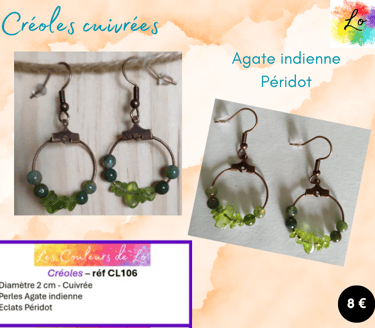 Créoles cuivrées 2 cm Agate indienne Péridot Les Couleurs de Lo