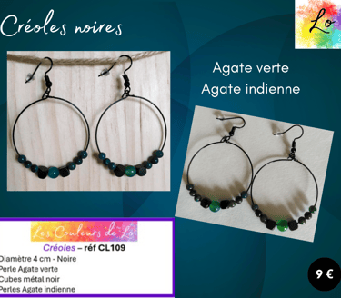 Créoles noires 4 cm Agate verte Agate indienne Les Couleurs de Lo