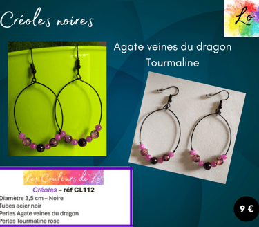 Créoles noires 3,5 cm Agate veines du dragon Tourmaline Les Couleurs de Lo