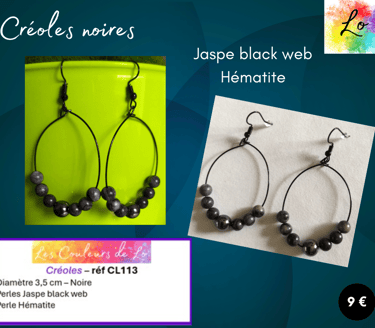 Créoles noires 3,5 cm Jaspe black web Hématite Les Couleurs de Lo