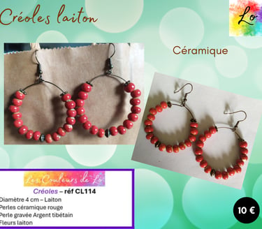 Créoles laiton 4 cm céramique rouge Les Couleurs de Lo