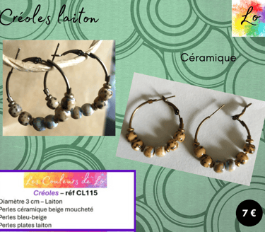Créoles laiton 3 cm céramique beige et bleue Les Couleurs de Lo