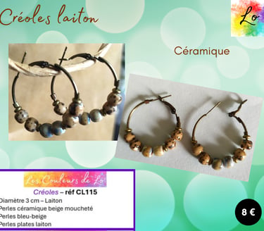 Créoles laiton 3 cm céramique beige et bleue Les Couleurs de Lo