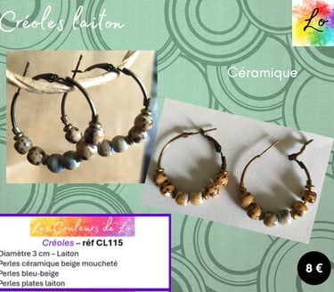 Créoles laiton 3 cm céramique beige et bleue Les Couleurs de Lo