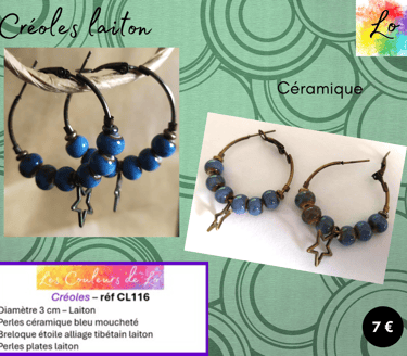 Créoles laiton 3 cm céramique bleu moucheté étoile laiton Les Couleurs de Lo
