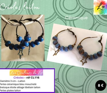 Créoles laiton 3 cm céramique bleu moucheté étoile laiton Les Couleurs de Lo