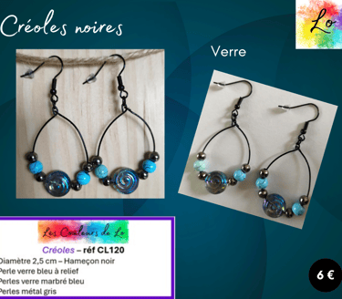 Créoles noires 2,5 cm verre à relief verre marbré bleu Les Couleurs de Lo
