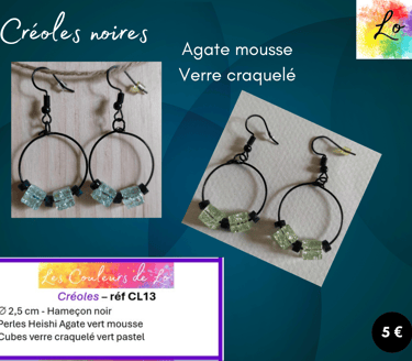 Créoles noires 2,5 cm Agate mousse verre craquelé vert Les Couleurs de Lo
