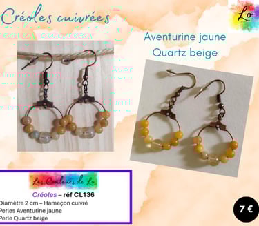 Créoles cuivrées 2 cm Aventurine jaune Quartz beige Les Couleurs de Lo