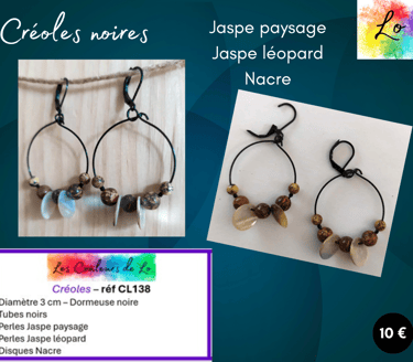 Créoles noires 3 cm Jaspe paysage Jaspe léopard Nacre Les Couleurs de Lo