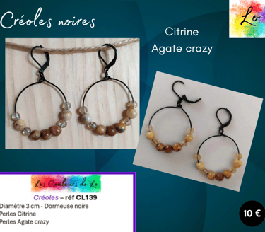 Créoles noires 3 cm Citrine Agate crazy Les Couleurs de Lo