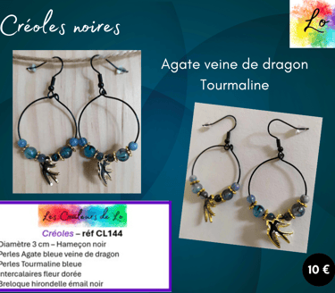 Créoles noires 3 cm Agate bleue Tourmaline bleue hirondelle émail noir Les Couleurs de Lo
