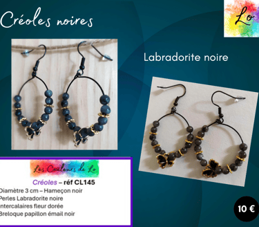 Créoles noires 3 cm Labradorite noire papillon émail noir Les Couleurs de Lo