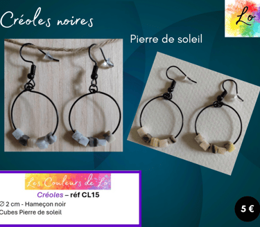 Créoles noires Pierre de soleil Les Couleurs de Lo