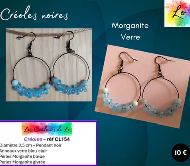 Créoles noires 3,5 cm Morganite verre bleu clair Les Couleurs de Lo