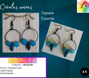 Créoles noires 2 cm Topaze Cyanite Les Couleurs de Lo