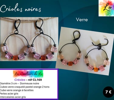 Créoles noires 3 cm verre orange acier gris Les Couleurs de Lo