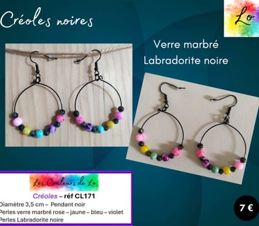 Créoles noires 3,5 cm verre marbré Labradorite noire Les Couleurs de Lo